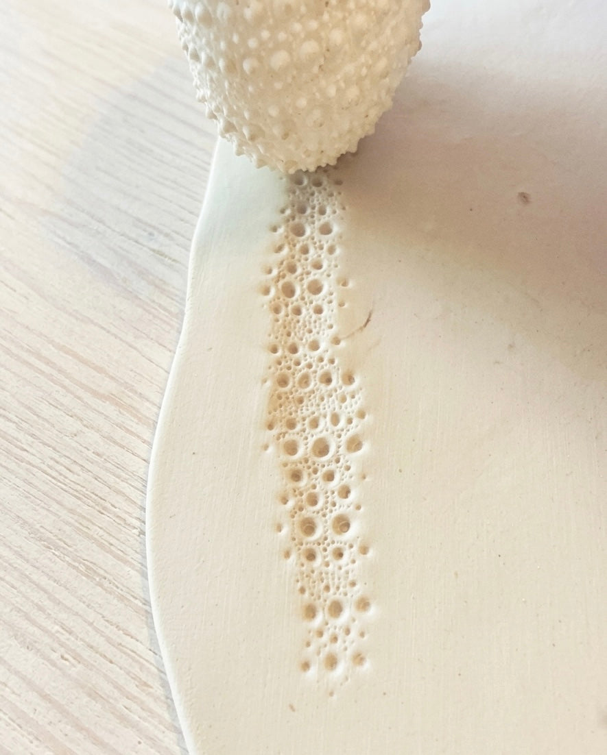 Close-up of a white ceramic plate with a textured edge on a light wooden surface.