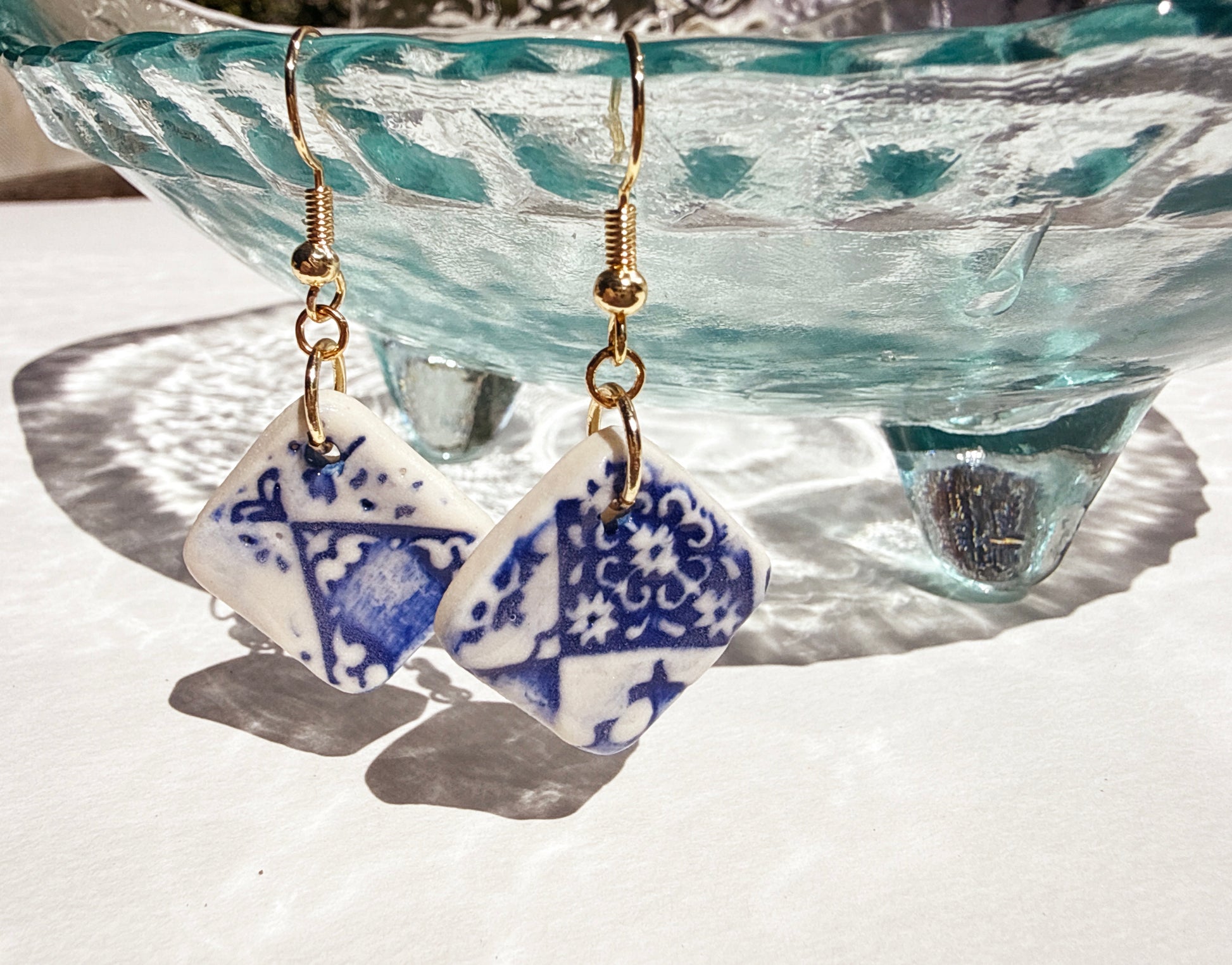 Handmade Porcelain Blue and White Cobalt Bloom Earrings with Gold Hooks