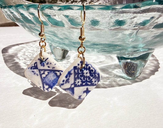 Handmade Porcelain Blue and White Cobalt Bloom Earrings with Gold Hooks